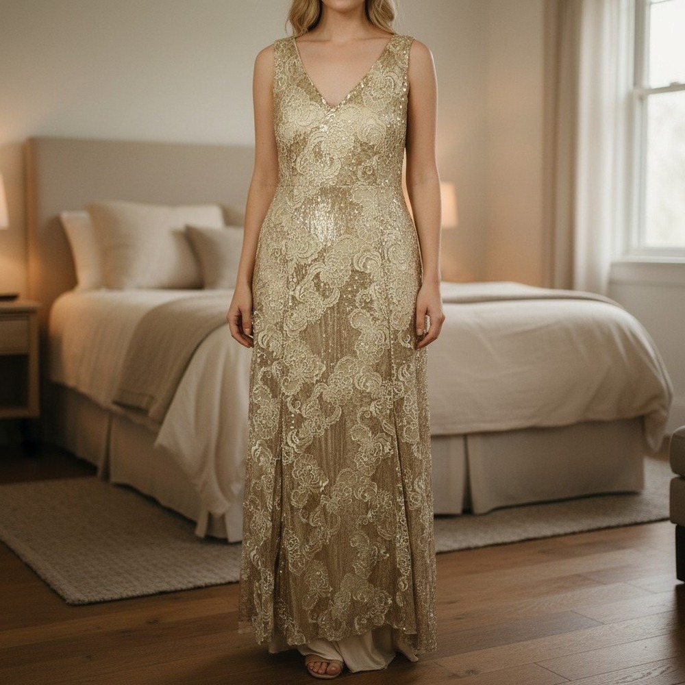 VTG Tahari Sequin Lace Evening Gown 14 XL Gold Champagne Old Hollywood Glam Maxi